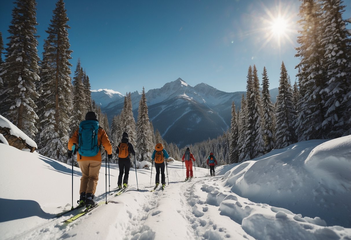 Skiers trek through snow-covered wilderness with water bottles and snacks in hand. Snow-covered trees and mountains surround them