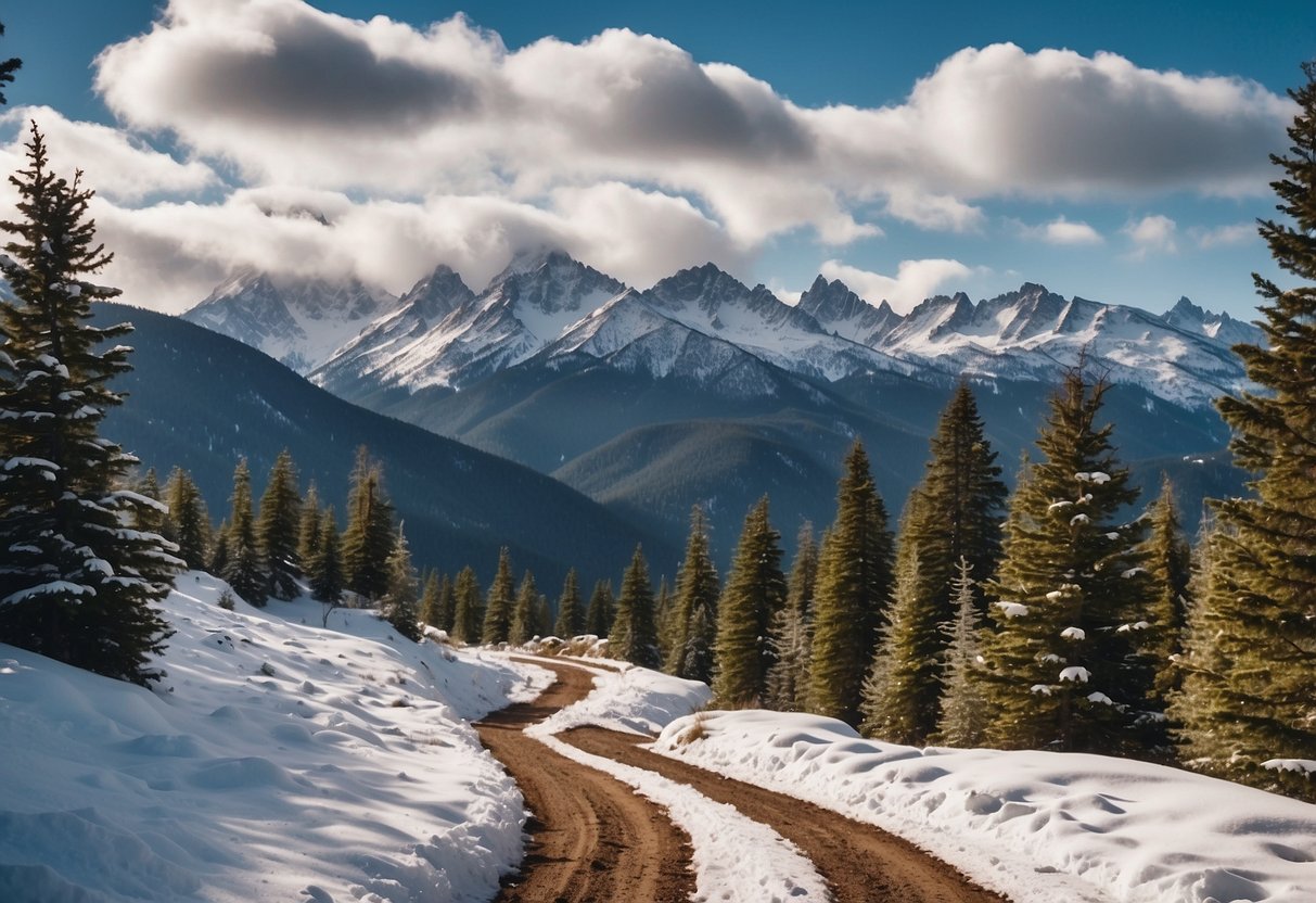 Snow-covered mountains, pine trees, and a winding trail with blue skies and light snowfall. Windy conditions and varying terrain