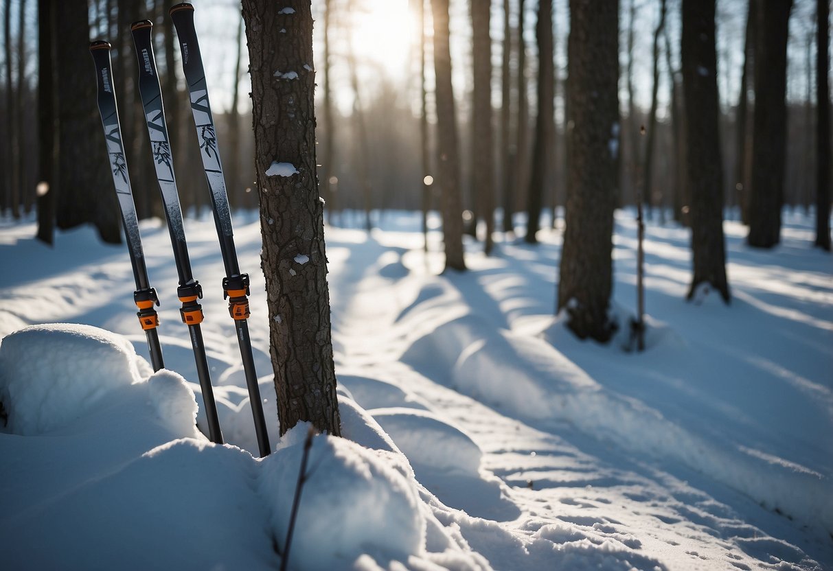 A snowy forest trail with 5 pairs of sleek, lightweight cross country skiing poles leaning against a tree