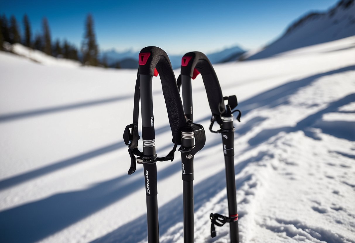 A pair of Salomon S/Lab Carbon 5 cross country skiing poles rest against a snow-covered backdrop, their lightweight and durable design ready for action