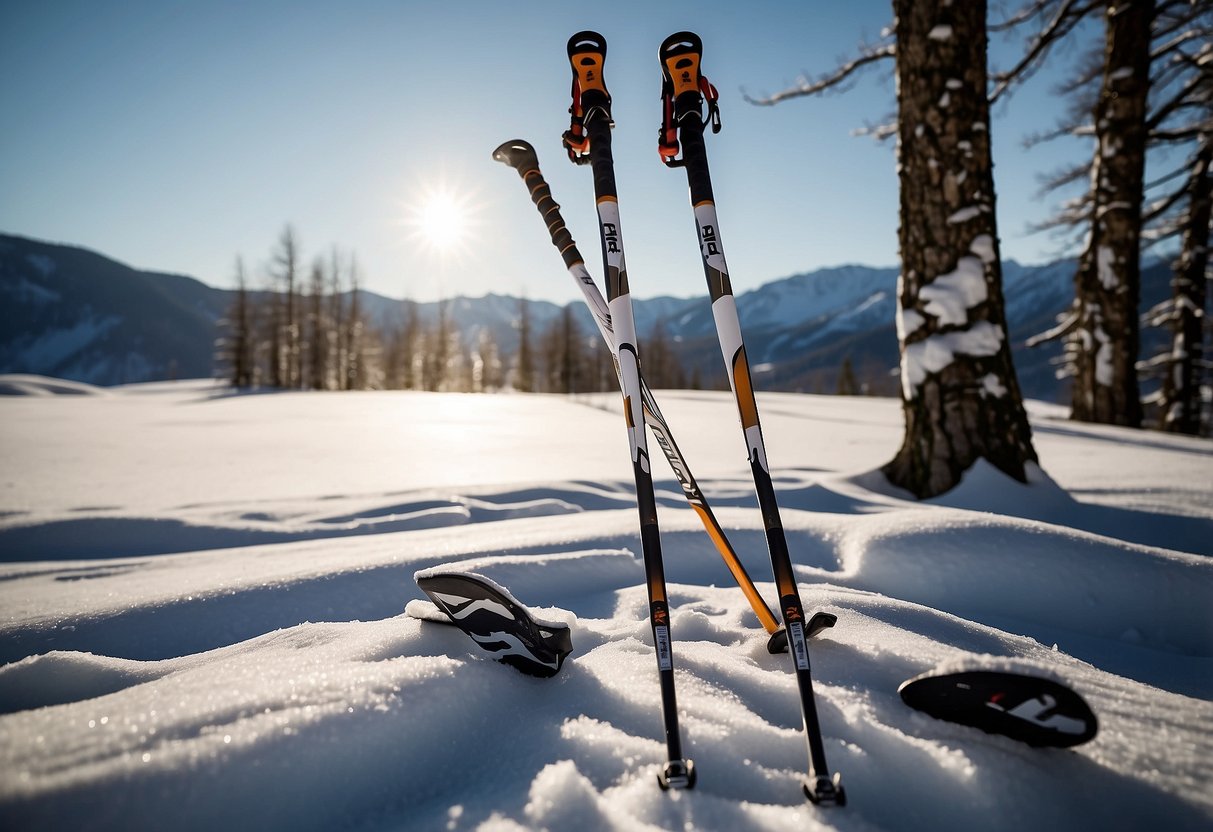 A pair of Fischer RCS Carbonlite 5 cross country ski poles resting against a snow-covered tree, with a backdrop of a pristine winter landscape