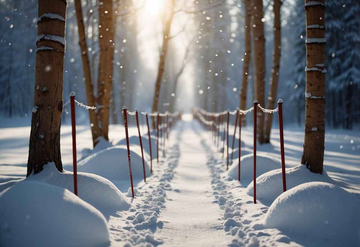 A snowy cross-country trail with 5 diamond-patterned ski poles in a row, surrounded by a flurry of snowflakes