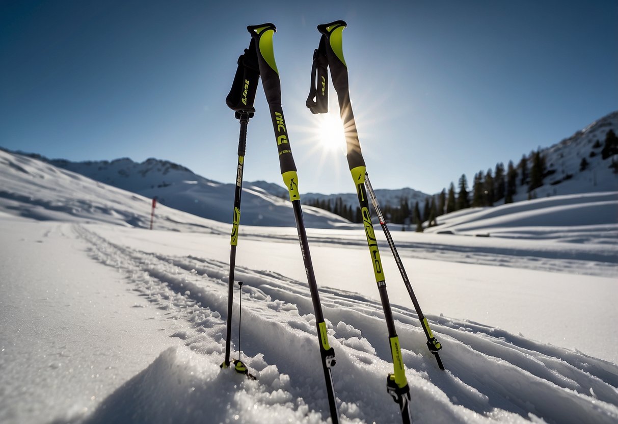 A pair of Leki PRC 850 cross country skiing poles standing upright in the snow, with the sun casting a soft glow on the sleek, lightweight design