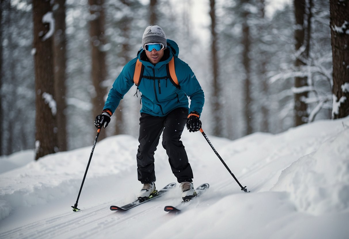 A skier glides effortlessly through a snowy forest, using lightweight cross country skiing poles to propel themselves forward with ease and speed