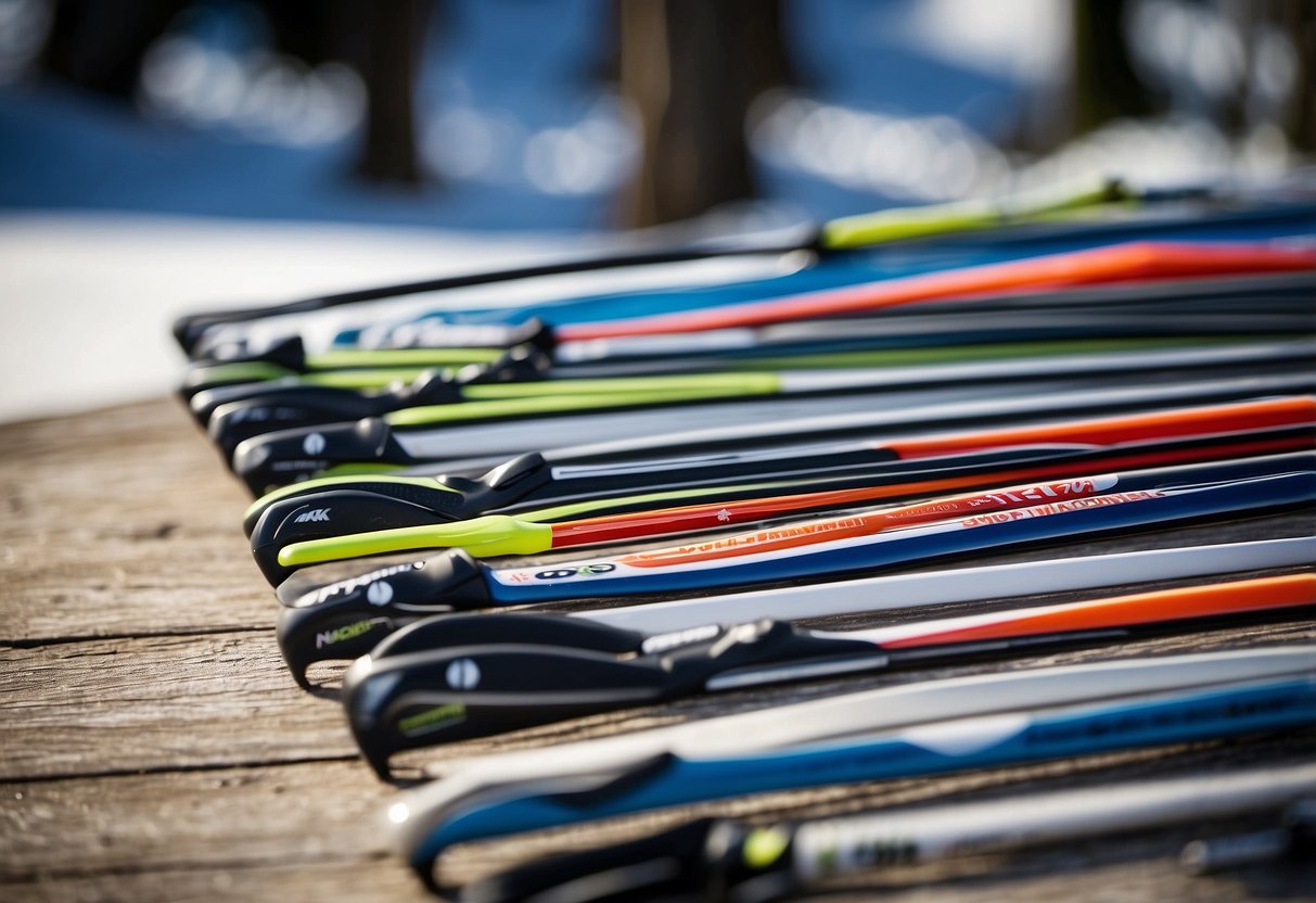 A table with 5 sets of lightweight cross country ski poles. Each set features different materials and designs for skiers to choose from