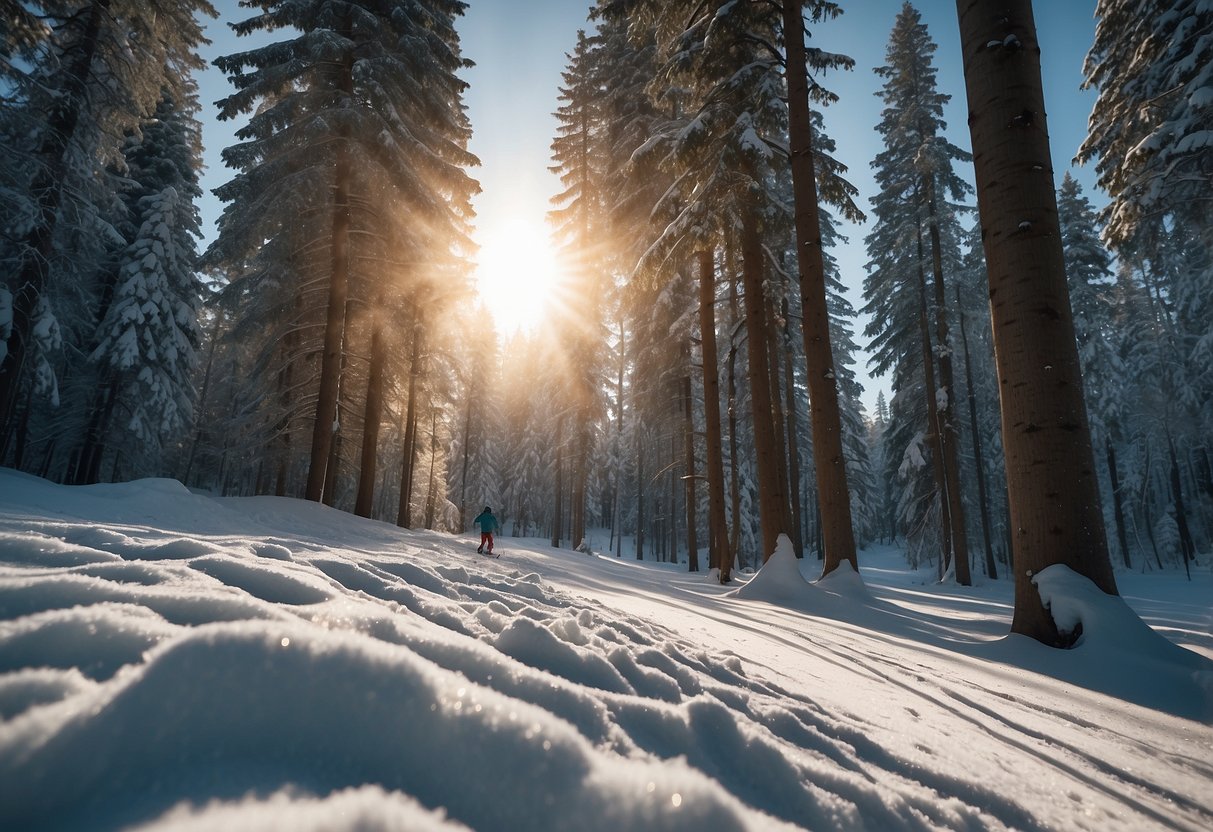 A skier glides through a snowy forest, surrounded by tall trees and a serene winter landscape. The sun glistens off the snow, creating a peaceful and tranquil atmosphere