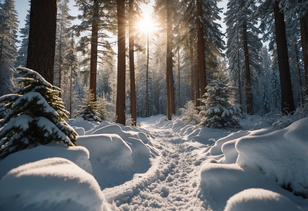 A snowy forest path winds through tall trees, with sunlight filtering through the branches. Ski tracks cut through the fresh powder, leading into the peaceful wilderness