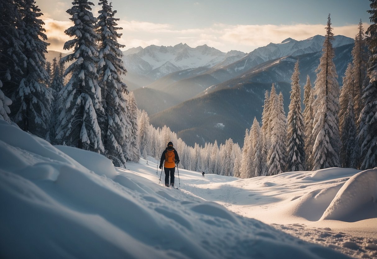 Animals roam snowy landscape, skier watches from afar. Trees, mountains, and wildlife create serene scene