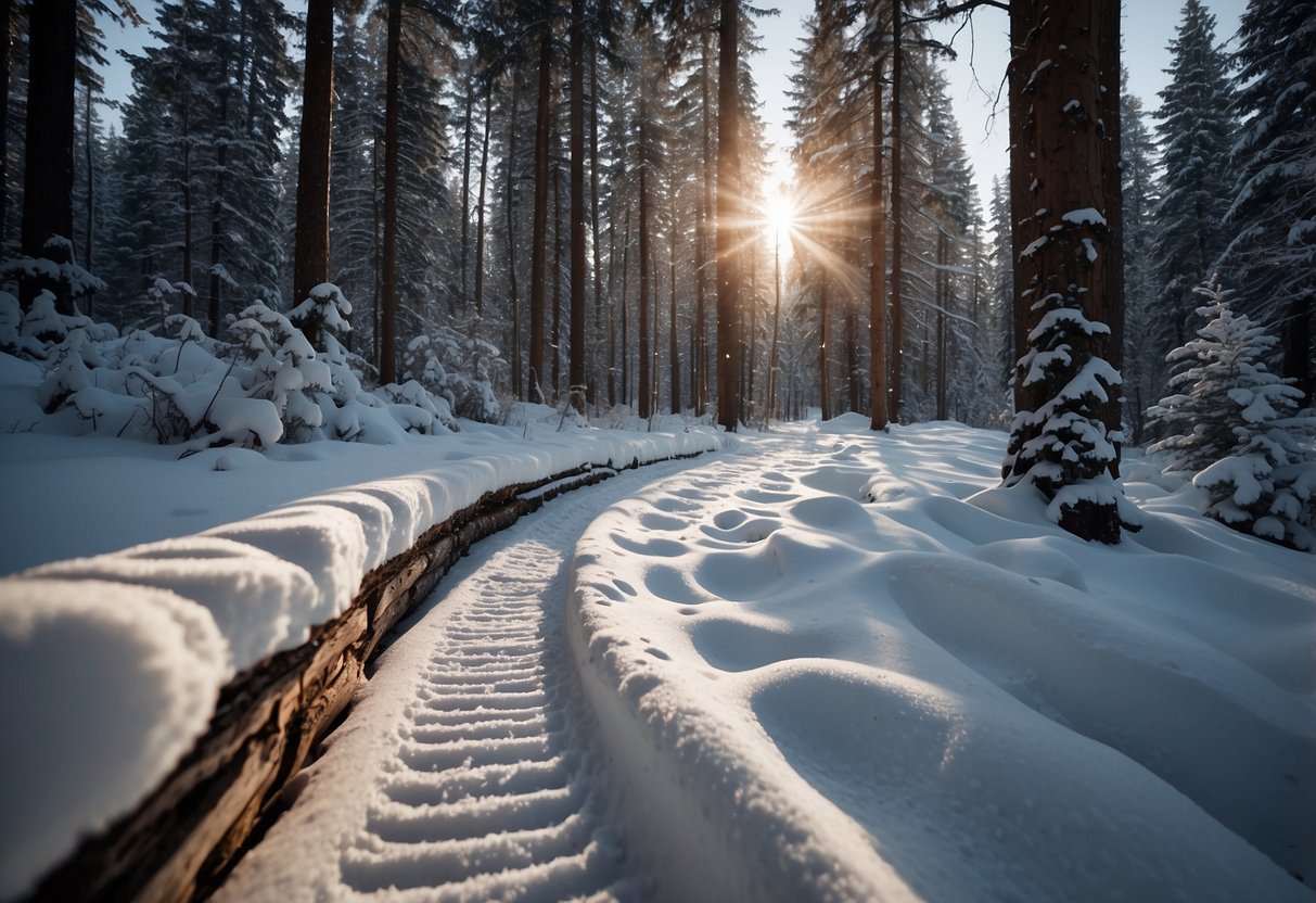 A snowy forest with cross country ski tracks winding through the trees. Animal footprints dot the trail, and a journal sits on a fallen log