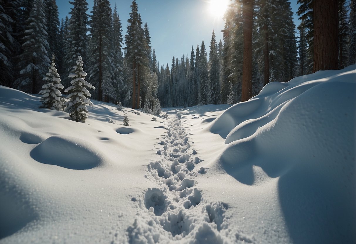 Animal tracks crisscross the snowy trail, leading through the forest. Skiing through the serene landscape, the skier admires the imprints left behind by various creatures, connecting with nature in ten different ways