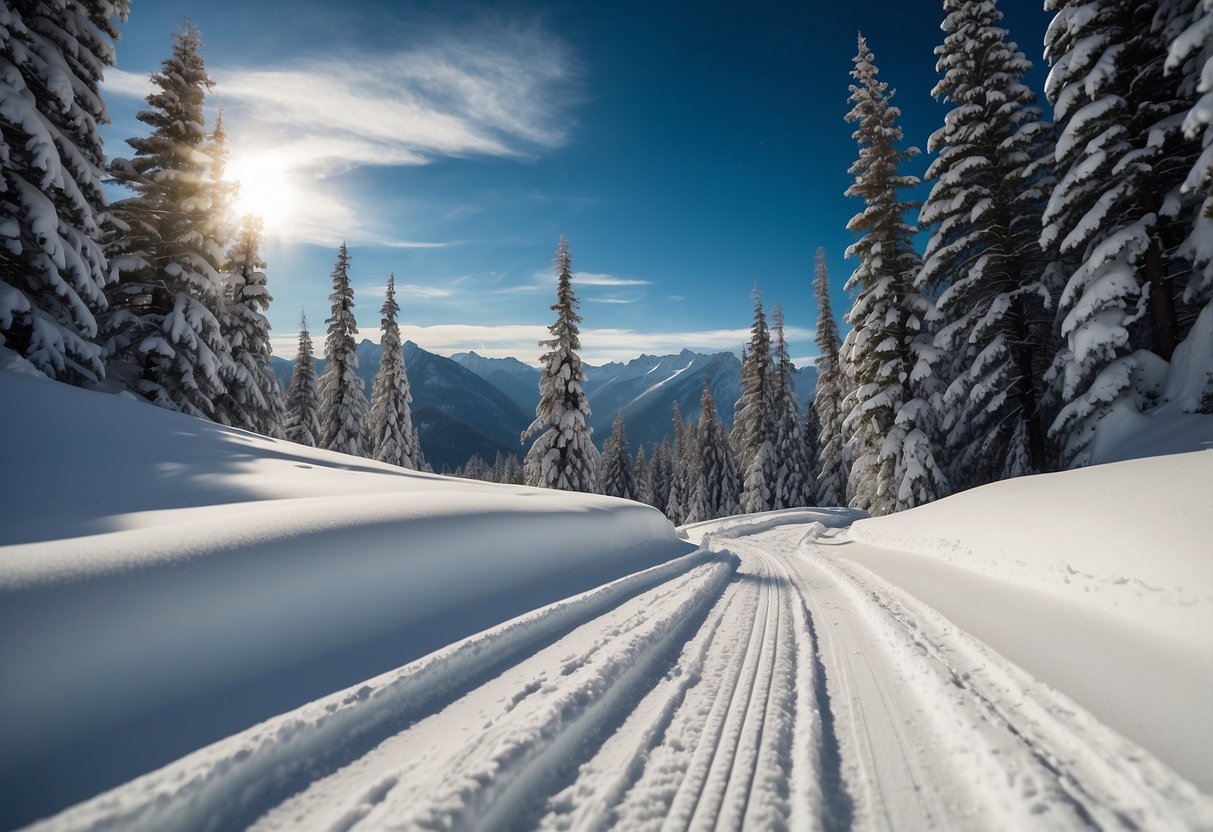 Snow-covered mountains, pine trees, and a winding trail. Blue sky, fluffy clouds, and a peaceful atmosphere. Skis gliding through fresh powder, leaving behind tracks