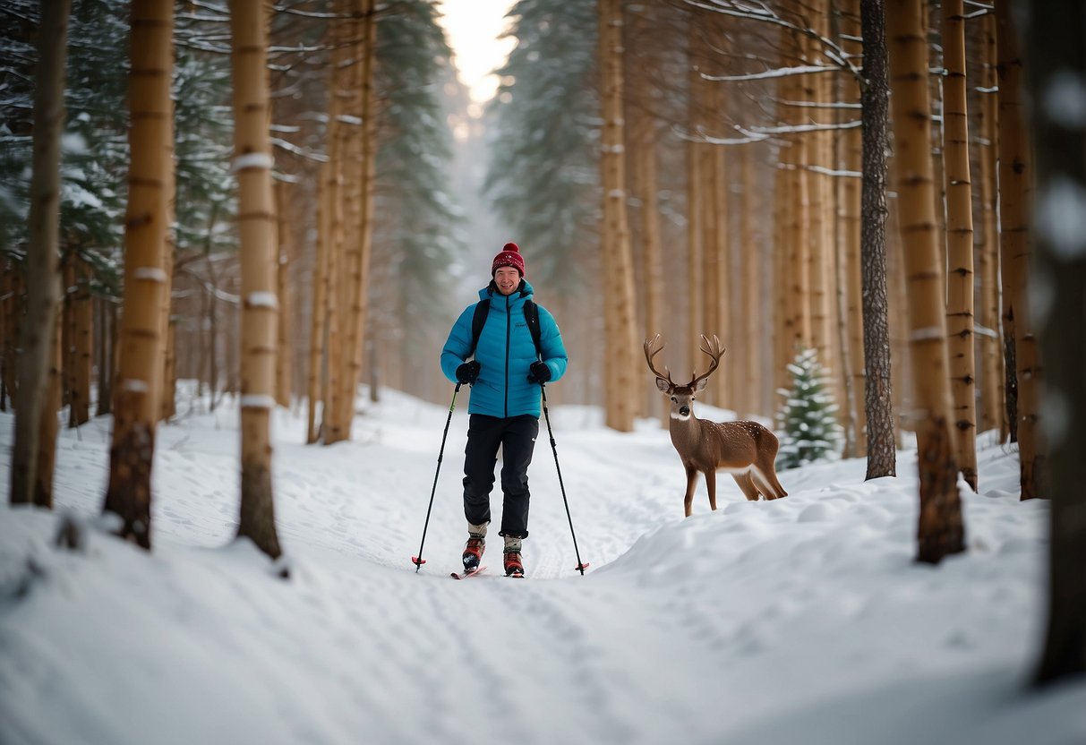 A cross-country skier glides through a snowy forest, using eco-friendly gear like bamboo poles and biodegradable wax. They pause to admire a deer grazing peacefully in the distance, surrounded by towering pine trees