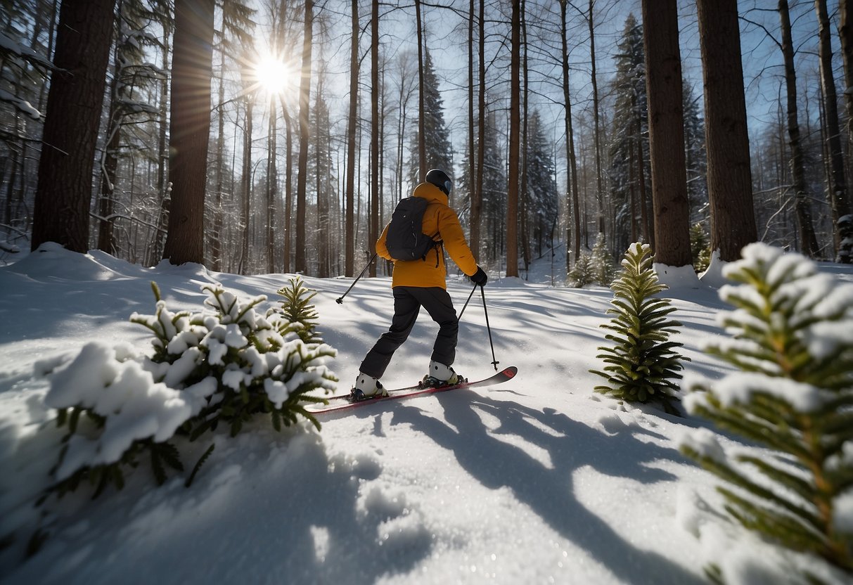 A skier glides through a snowy forest, passing by various local plant species. The sun shines through the trees, casting shadows on the white ground