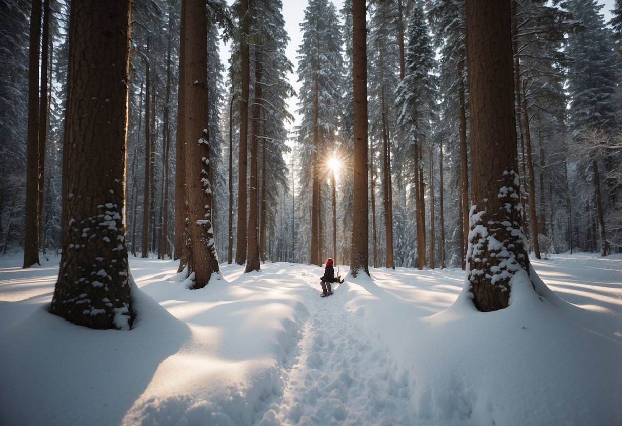 Skier meditates in serene forest clearing, surrounded by tall trees and snow-covered ground. Peaceful atmosphere and connection with nature are evident