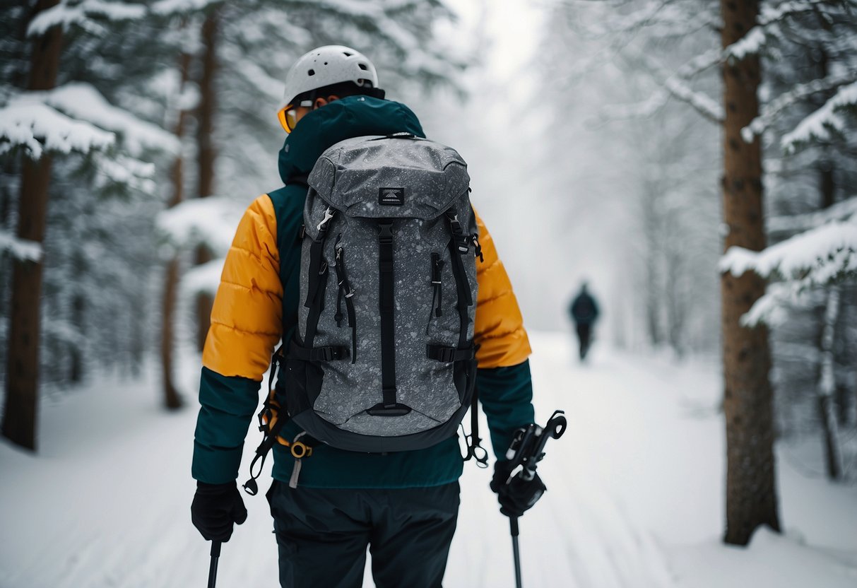 A person skiing with a backpack, holding a birdwatching guide, surrounded by snowy trees and wildlife