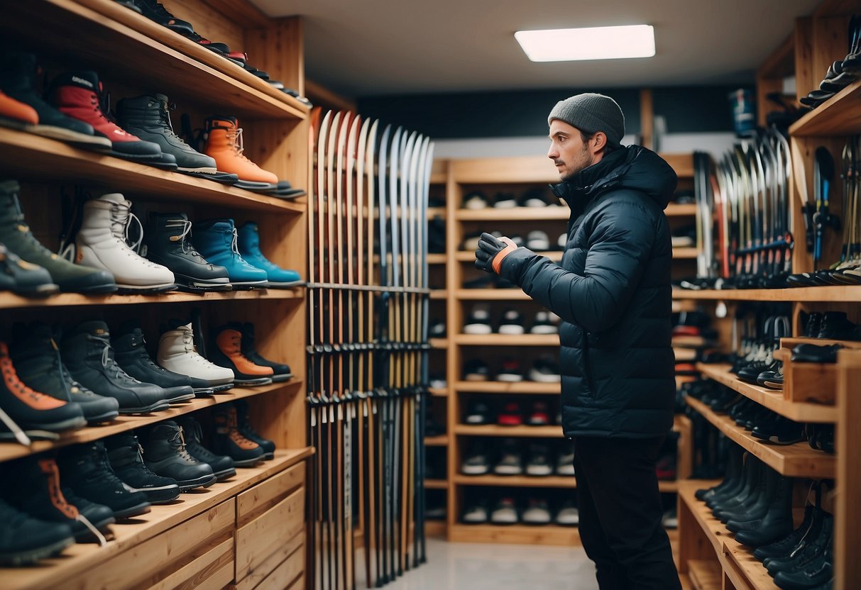 A person selects cross country skiing gear in a snowy outdoor shop. Ski poles, boots, and skis are neatly arranged on shelves