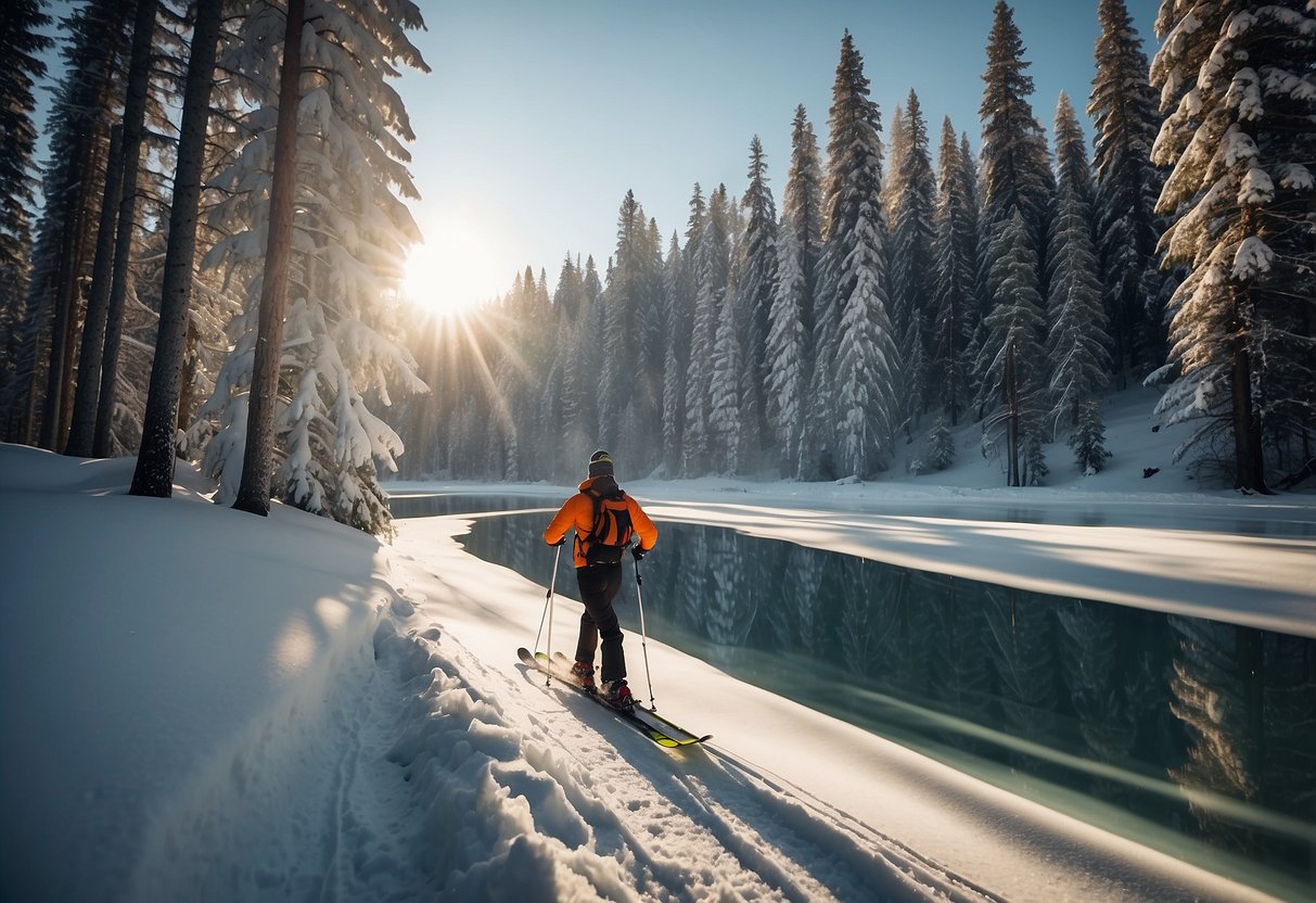 A skier glides through a snowy forest, passing by frozen lakes and towering pine trees. The sun casts a warm glow on the pristine landscape, creating a tranquil and serene atmosphere