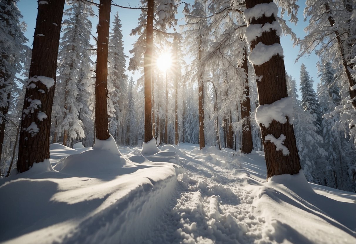 Skiers gliding through snowy forest, insects buzzing around. Skis leaving tracks in fresh powder, trees towering overhead. Sunlight filtering through branches, casting shadows on the trail