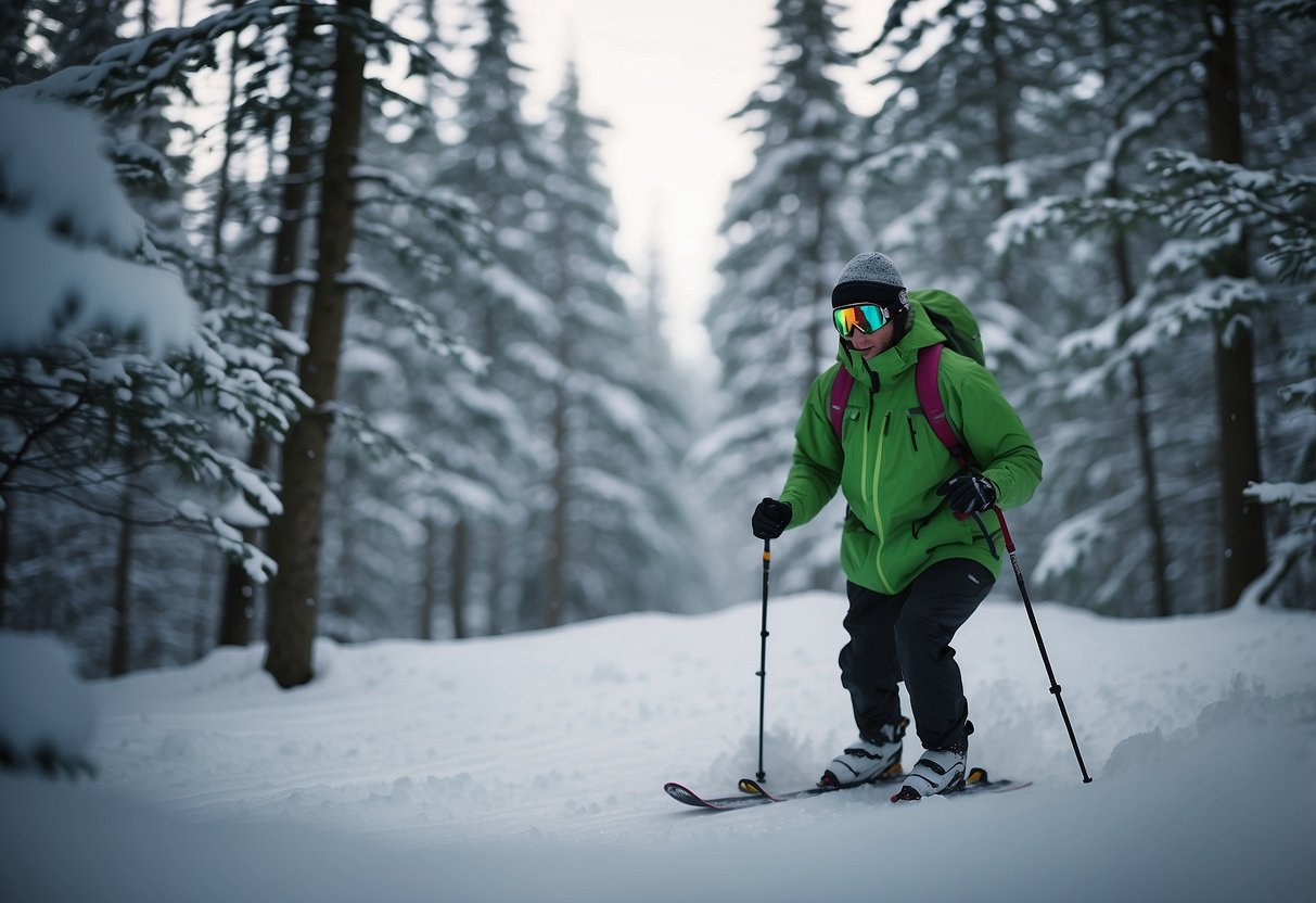 A skier in insect-repellent clothing glides through a snowy forest, with insects buzzing around but unable to land on the fabric