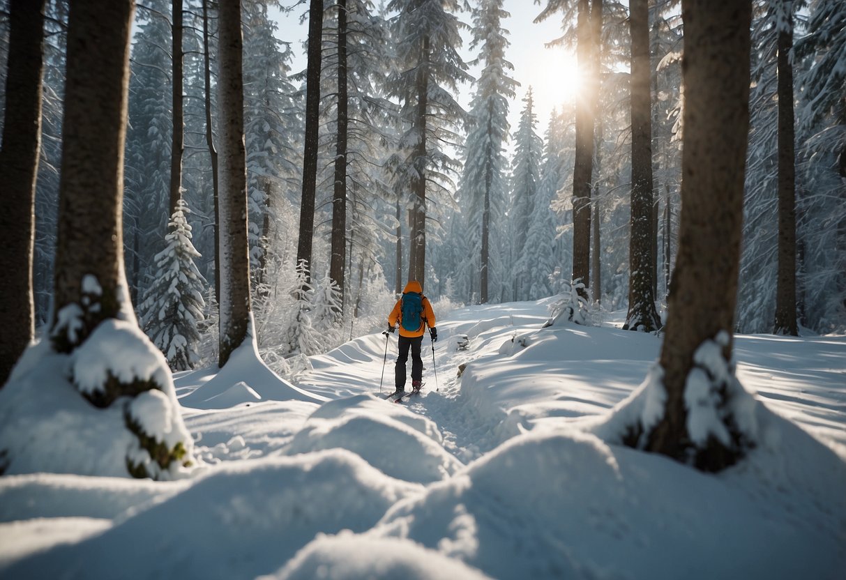 Snowy forest with skis and backpack. DEET-based repellent applied. Insects buzzing around. Skier navigating through trees