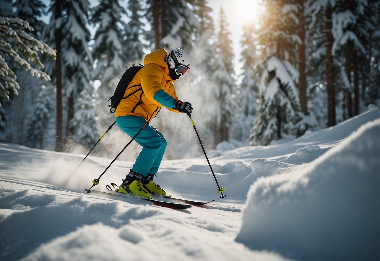 A skier applies essential oil blends to repel insects while skiing through a snowy forest