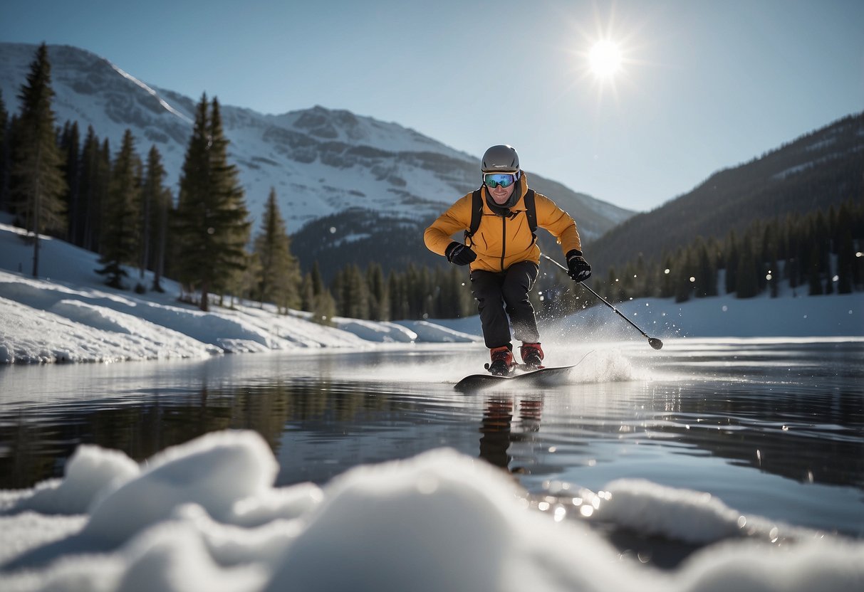 A skier avoids a stagnant water while skiing, surrounded by snowy landscape. Insects are kept at bay using tips for cross country skiing