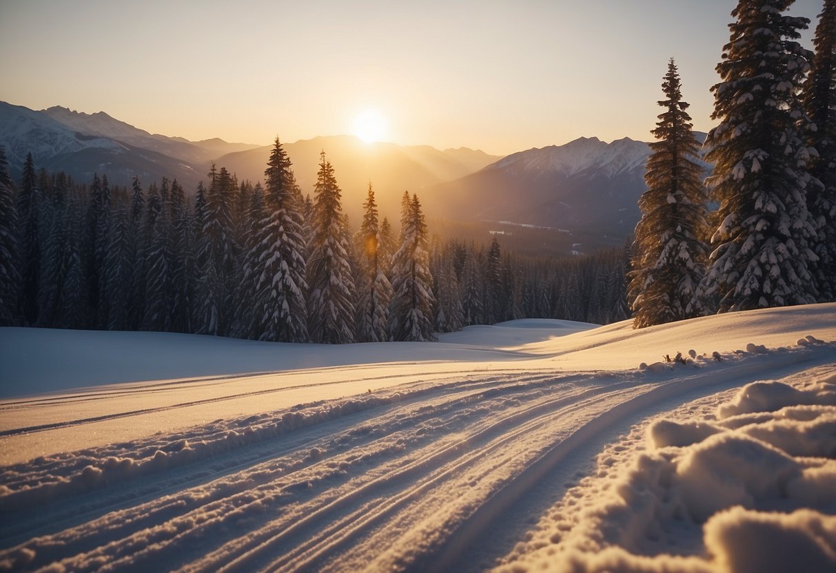 Cross country skis gliding through snowy landscape, with insects buzzing around. Sun setting, casting a golden glow. Trees and mountains in the background