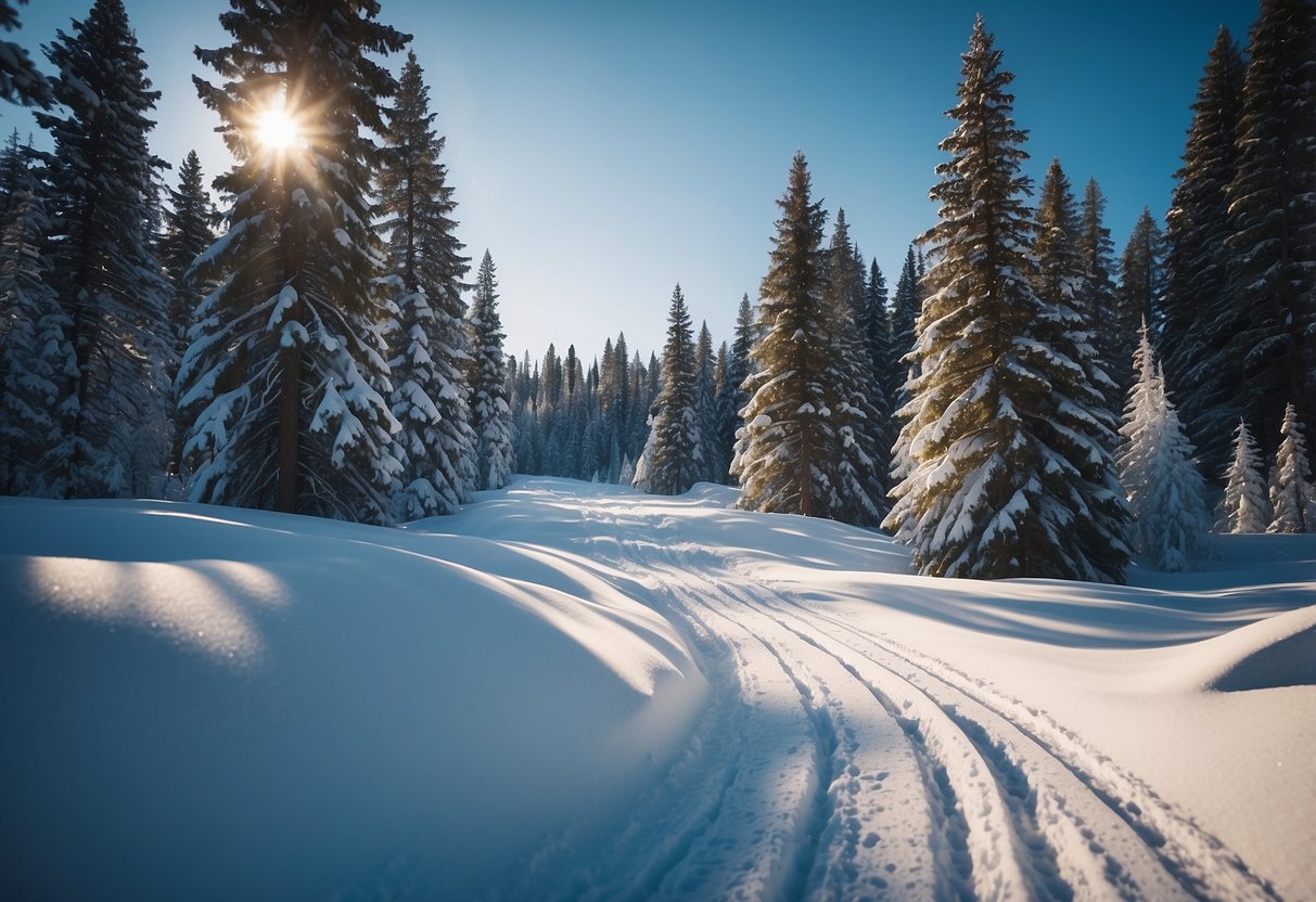 A snowy cross-country ski trail with bug-repellent wristbands on trees and skis, surrounded by pine trees and a clear blue sky