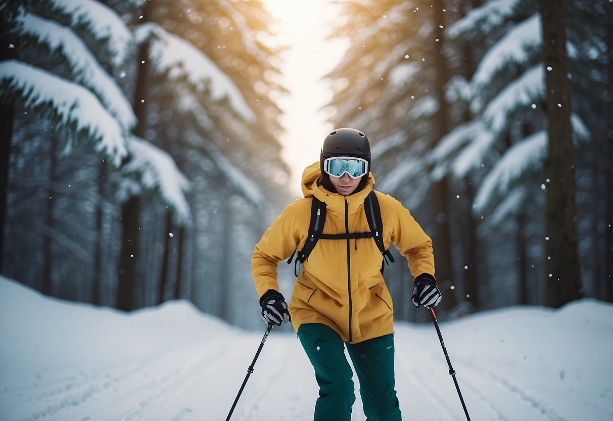 A skier in light-colored clothing glides through a snowy forest, with insects buzzing around but unable to land on their clothing