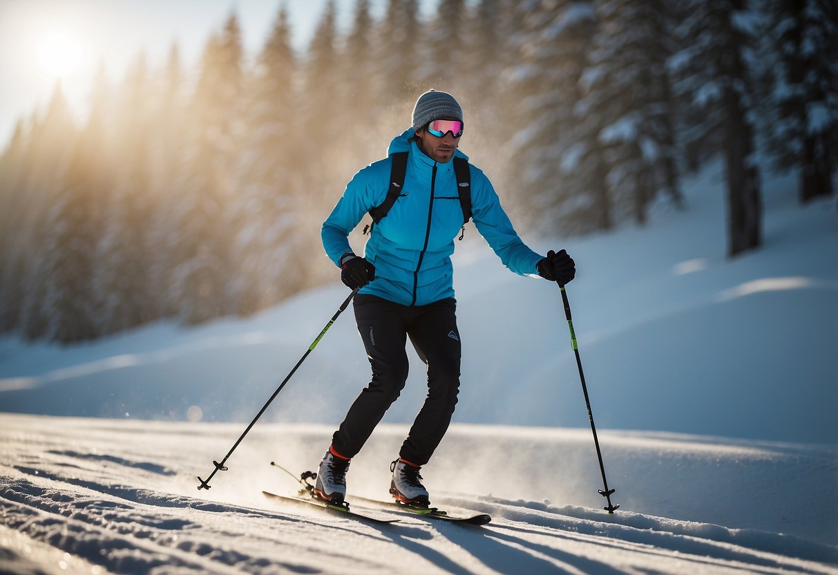 A cross country skier wearing appropriate clothing and gear, including long sleeves, pants, gloves, and a hat, while using insect repellent and avoiding stagnant water