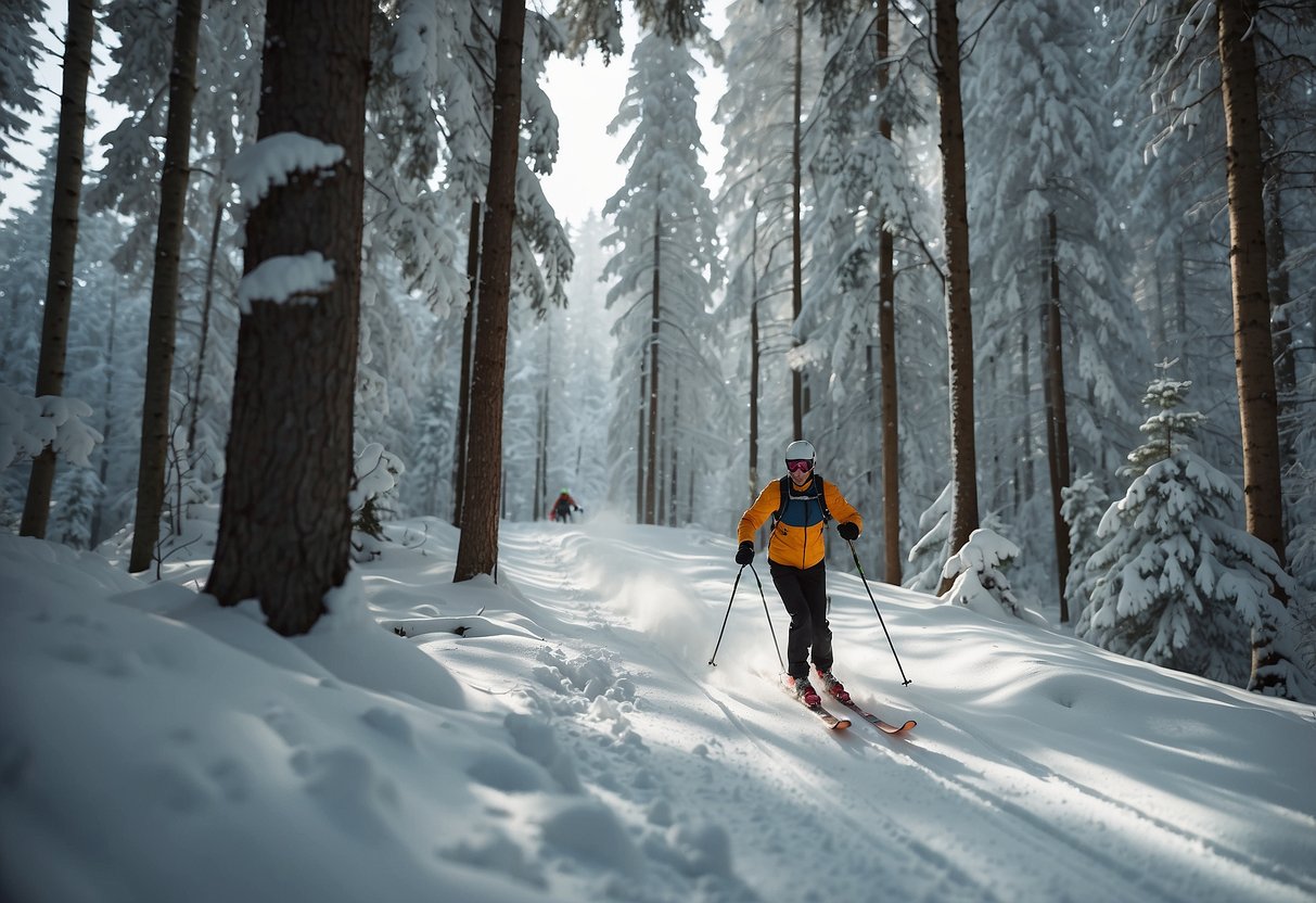 A skier glides through a snowy forest, surrounded by tall trees and a clear ski path. Insects buzz around, but the skier remains focused and undisturbed, following the tips for dealing with insects while cross country skiing