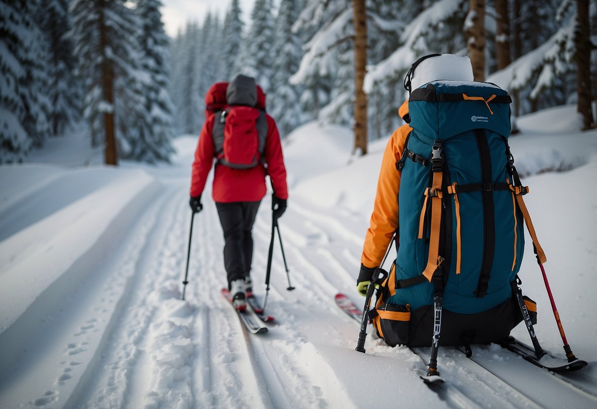 A snowy cross country ski trail with a backpack open, revealing a compact first aid kit. Ski poles and tracks lead into the distance