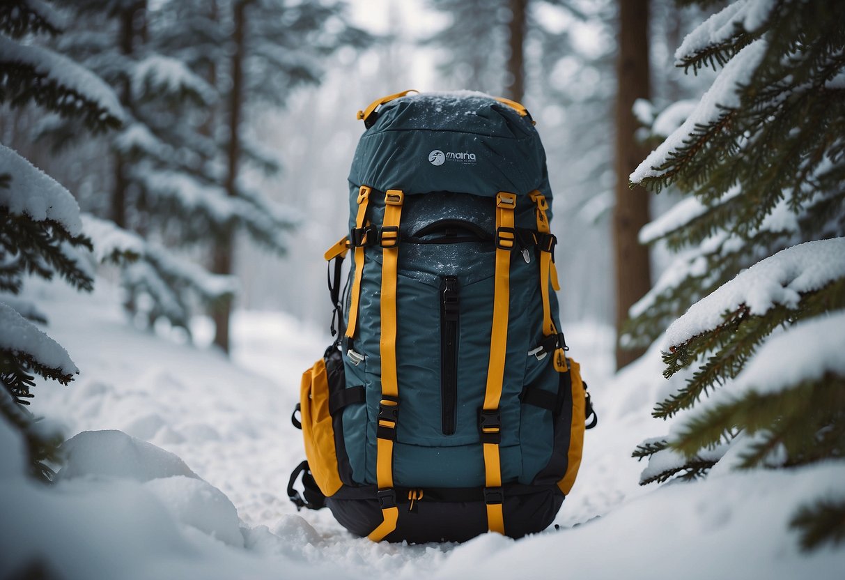 A snowy cross-country skiing trail with a backpack open, revealing the Adventure Medical Kits Ultralight/Watertight .9. Snow-covered trees in the background