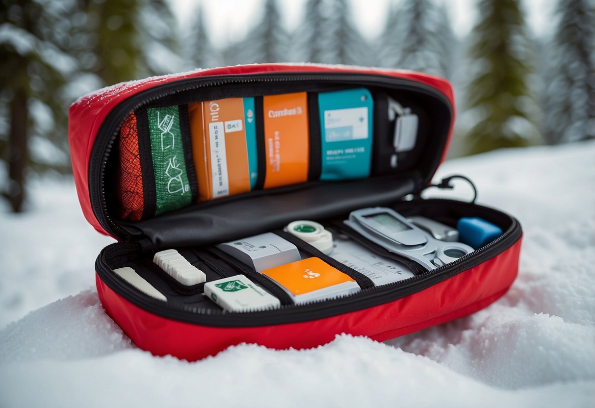 A compact Deuter first aid kit open on snowy cross country ski trail