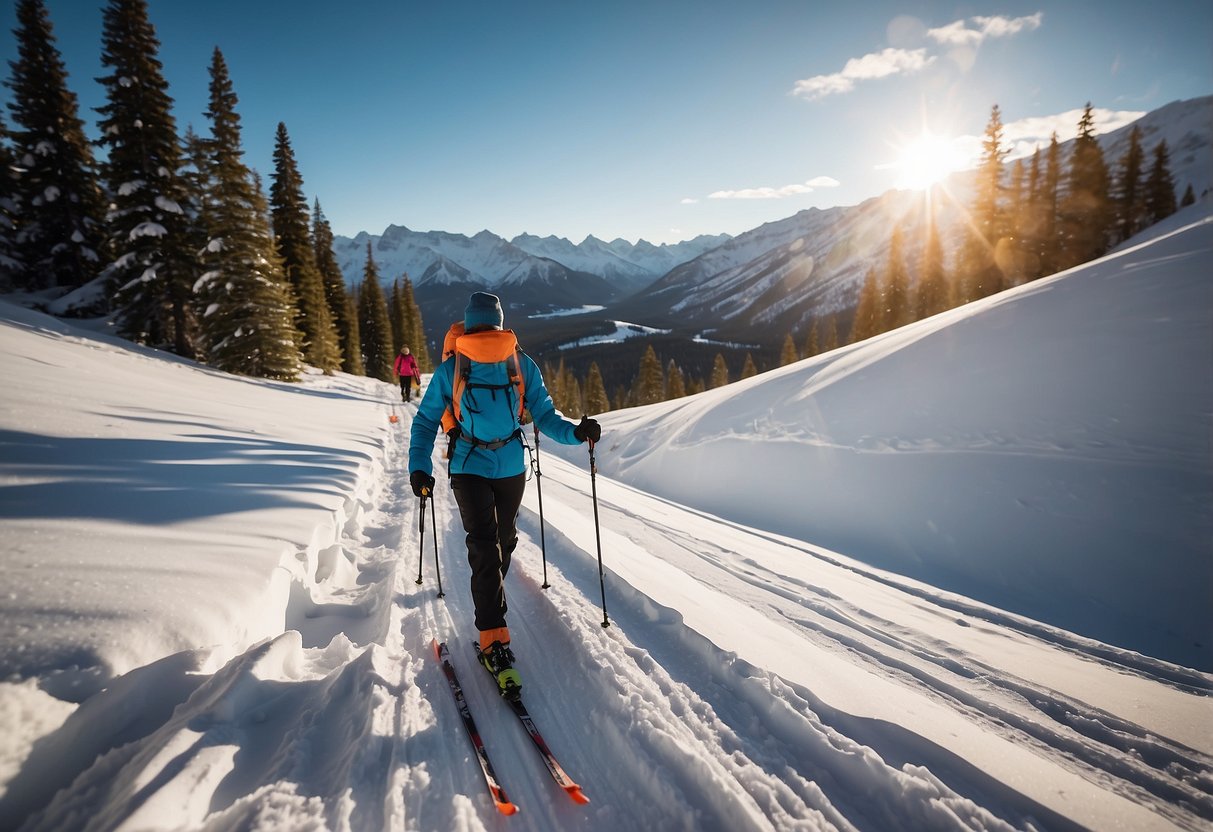 A bright, snowy cross-country ski trail with a hiker's pack and lightweight first aid kit. The sun shines on the pristine landscape