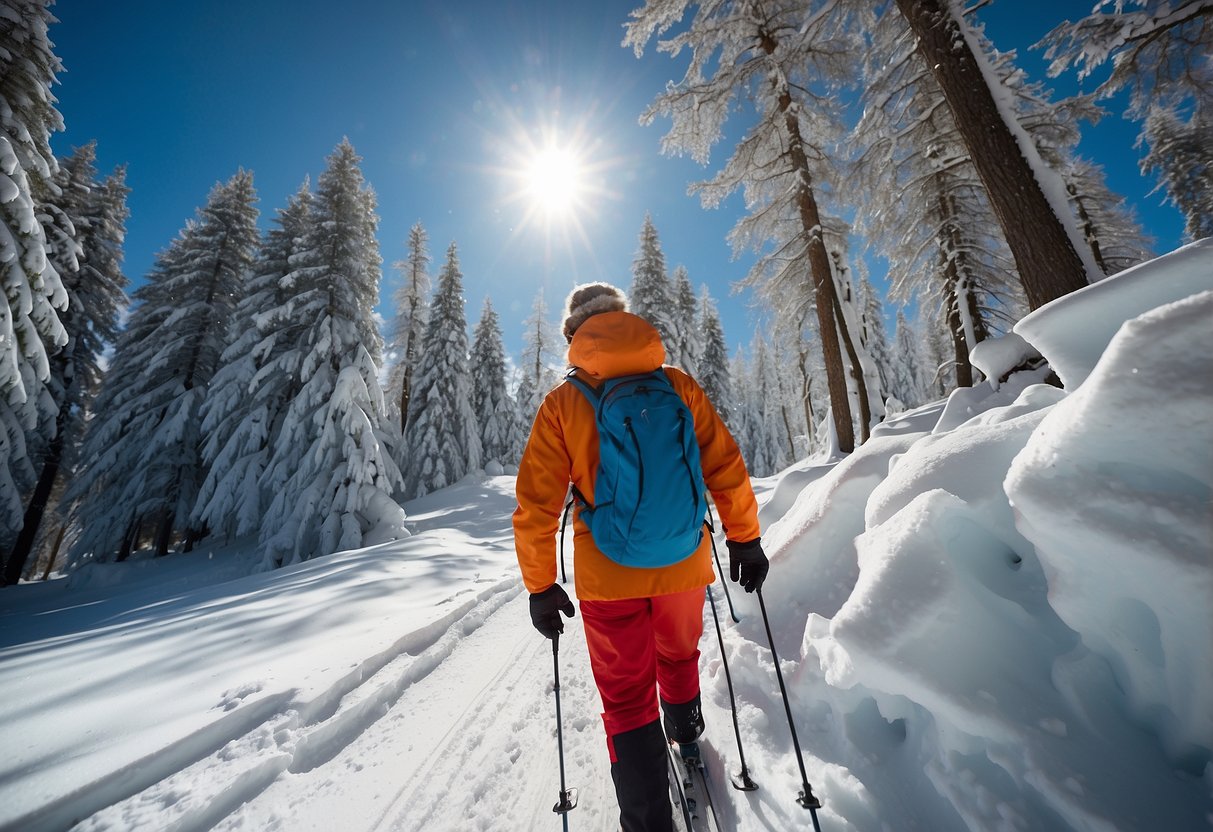 A snowy cross-country ski trail with a skier reaching for a compact first aid kit from their backpack. Snow-covered trees and a clear blue sky in the background