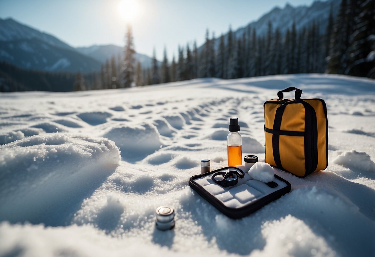 A snowy cross country skiing trail with a small first aid kit laying on the ground, surrounded by trees and mountains in the distance