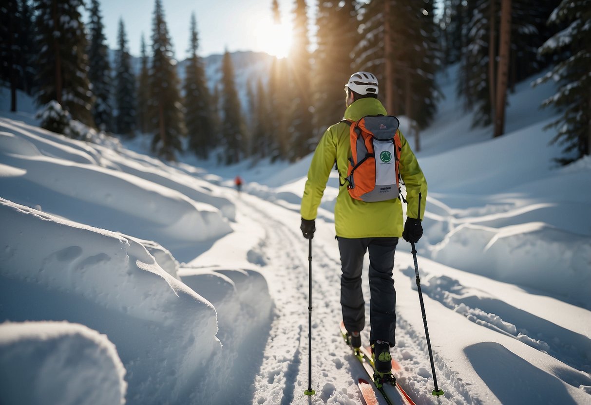 A snowy cross country skiing trail with a skier carrying a lightweight first aid kit. The kit is compact and easily accessible, emphasizing its importance for outdoor activities