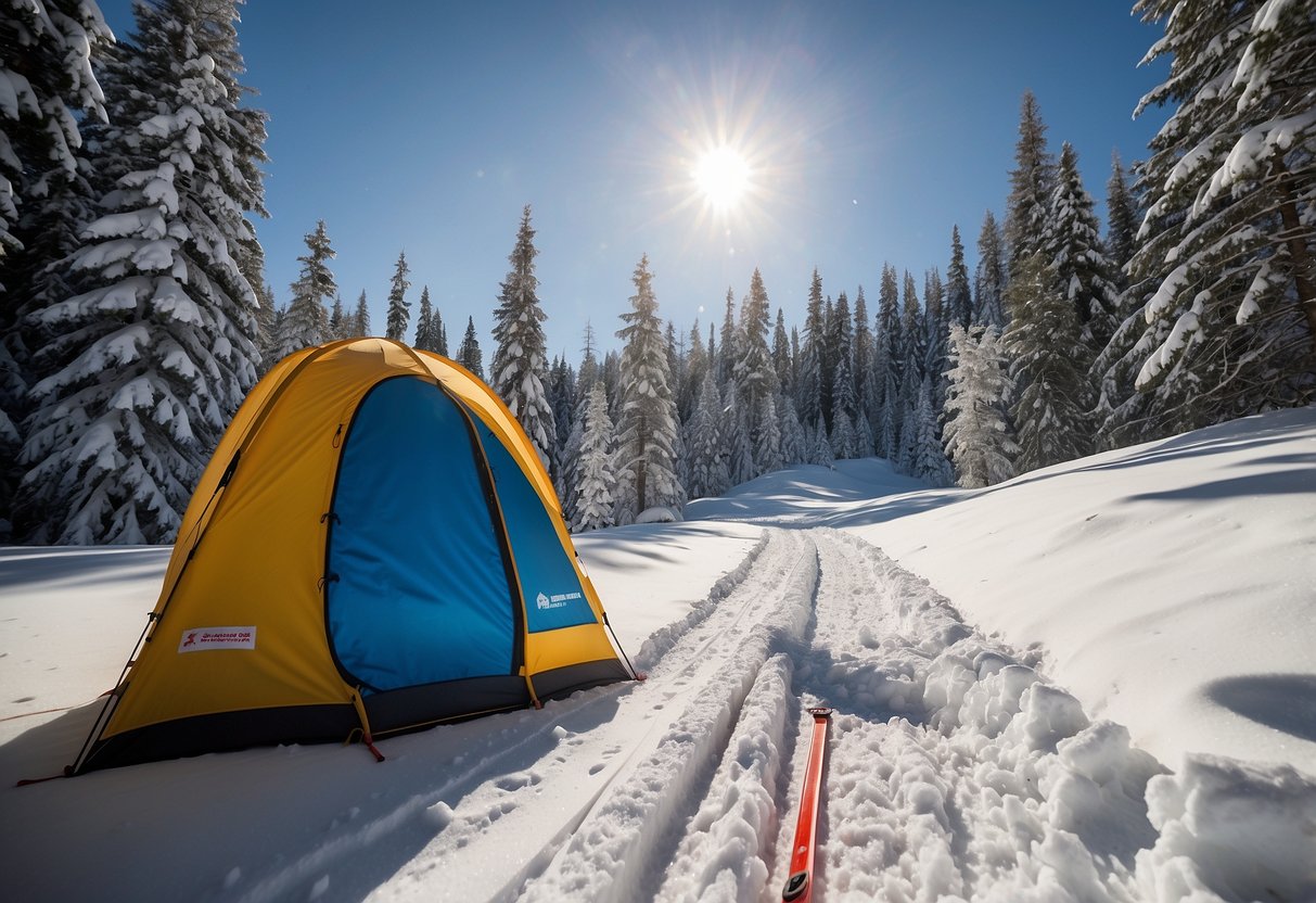 A snowy cross country ski trail with a skier choosing from 5 lightweight first aid kits. Forested background with clear blue sky