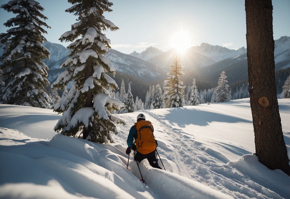 A snowy cross country ski trail with a skier reaching into a lightweight first aid kit. Snow-covered trees and mountains in the background