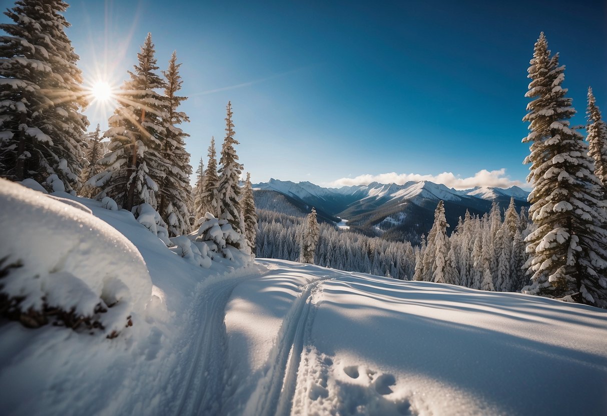 Snow-covered mountain peaks, winding trails through pine forests, and clear blue skies. Sparkling snow and serene landscapes make for the perfect cross country skiing experience