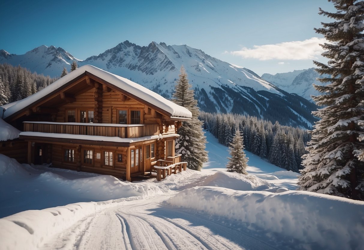 Snow-covered mountains surround a cozy lodge. Ski trails wind through the alpine landscape, creating a picturesque scene for cross country skiing