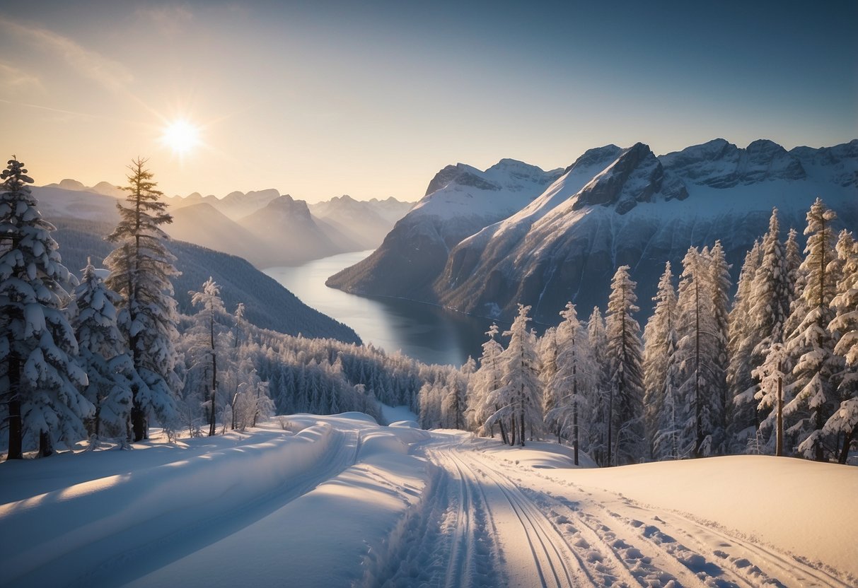 Snow-covered fjords with towering cliffs, nestled in the Norwegian landscape. Cross country ski trails wind through the alpine terrain, offering breathtaking views