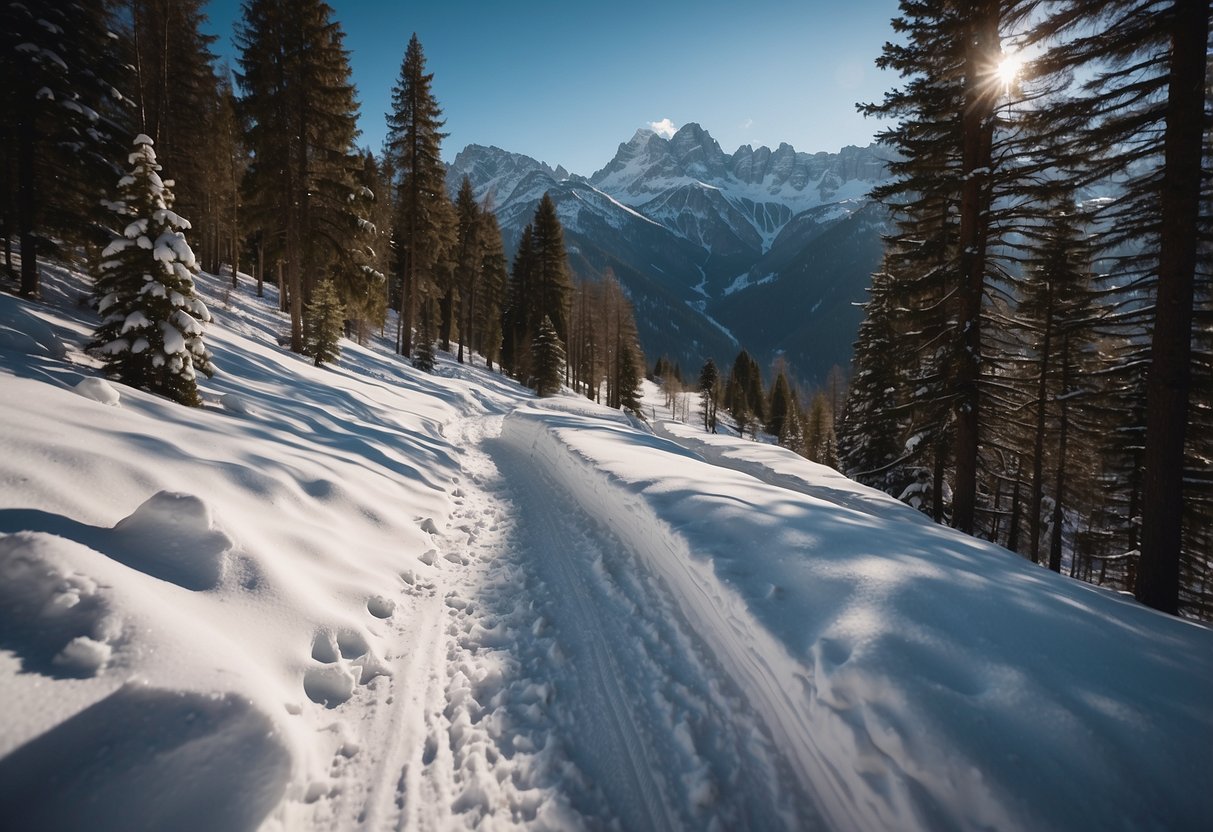 Snow-covered alpine trails wind through Aosta Valley, Italy. Majestic mountains and pine trees surround the pristine cross-country skiing paths