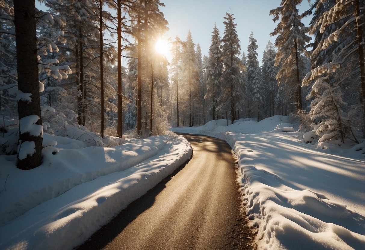 Snow-covered trails wind through majestic alpine forests, with the sun casting a warm glow on the pristine landscape of Østersund, Sweden