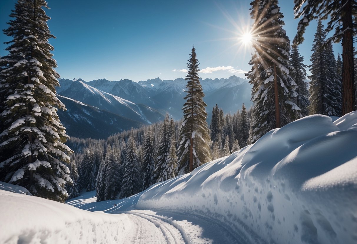 Snow-covered mountains, winding trails, and pine trees. Blue skies and fresh powder. Skiers gliding through the serene alpine landscape