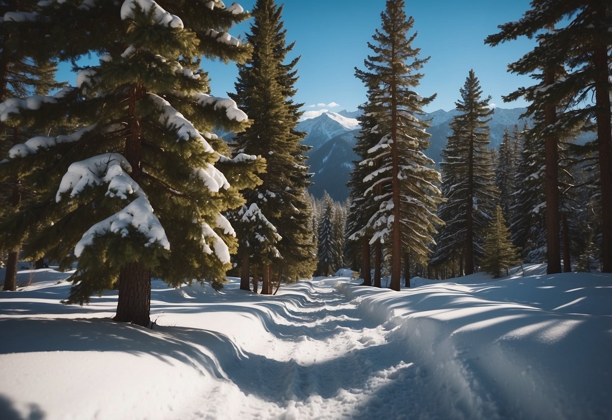 Snow-covered mountains, pine trees, winding trails, and clear blue skies. Glowing sunlight and serene landscapes