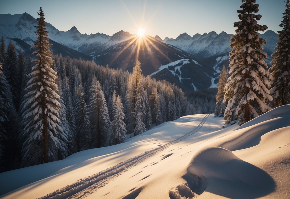 A serene alpine landscape with winding cross country skiing trails, surrounded by snow-capped mountains and dense pine forests. The sun casts a warm glow over the pristine snow, creating a picturesque setting for a skiing trip