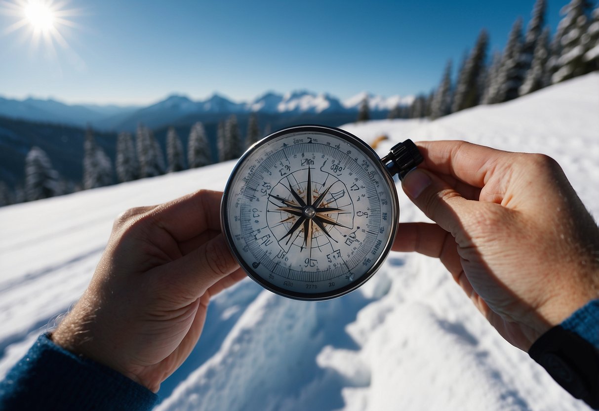 A skier uses a map and compass to navigate through snowy terrain. The compass points north as the skier checks the map for their location. Snow-covered trees and a clear blue sky are visible in the background