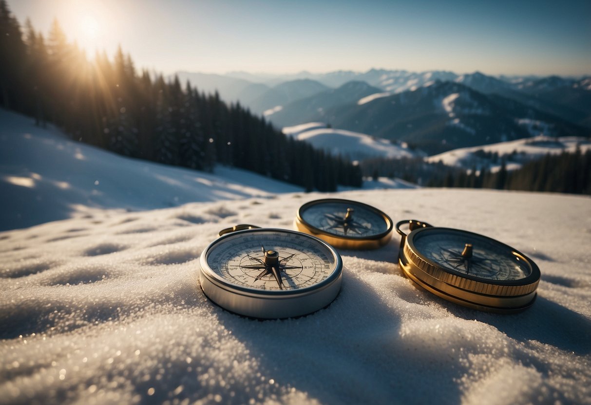 A snowy landscape with rolling hills, dense forests, and open fields. A map and compass are held in hand, with ski tracks crisscrossing the terrain